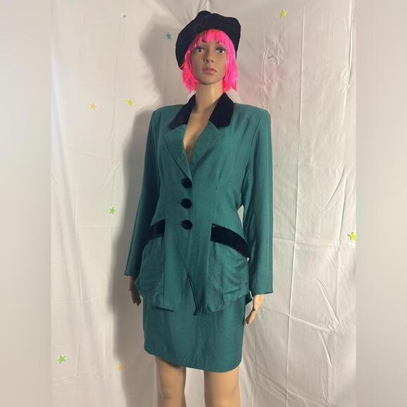 American Vintage Dresses & Skirts - VTG 90s Teal+Black Velvet Structured Blazer and Pencil Skirt Set Size S